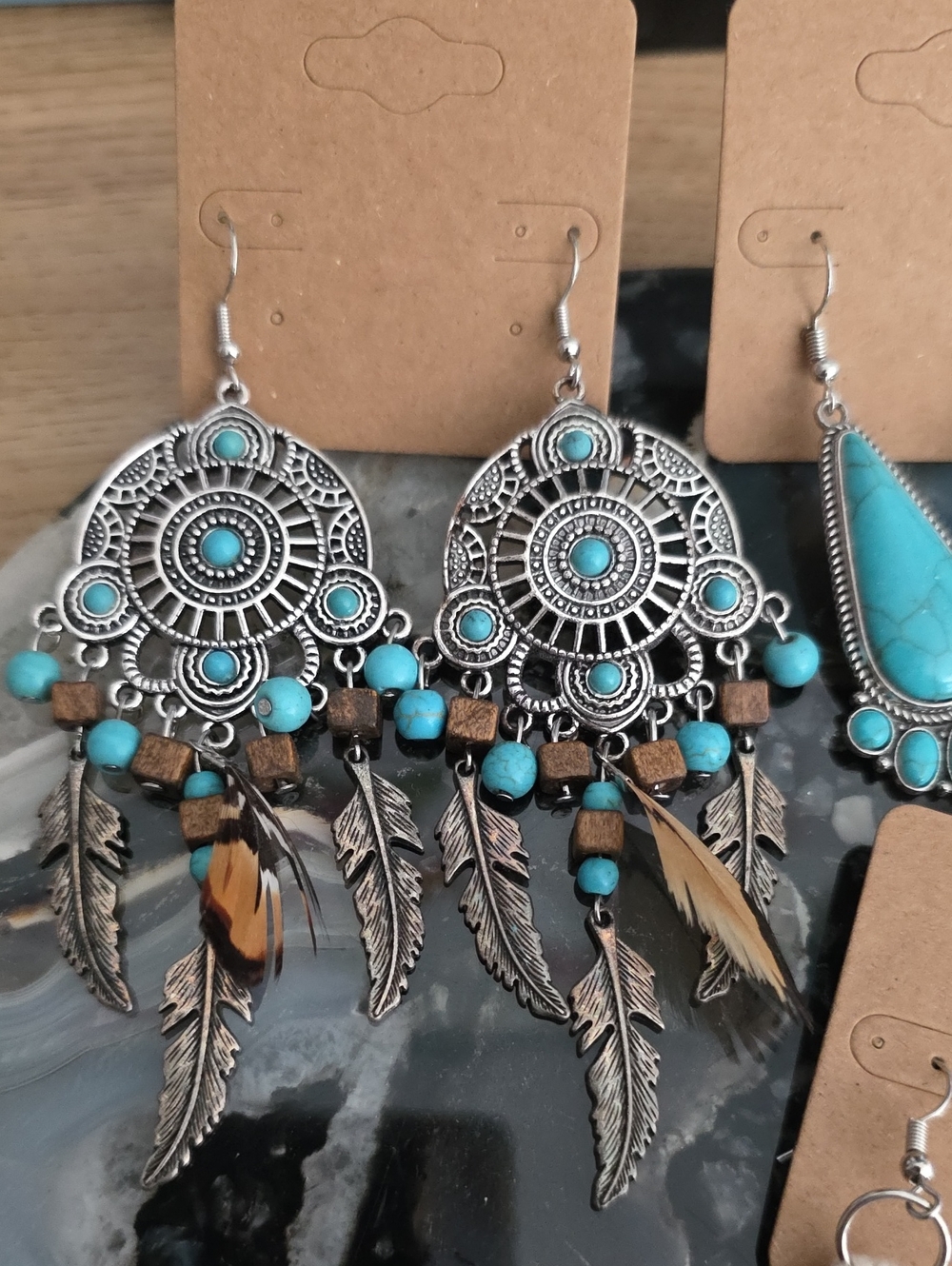 Turquoise Boho Feather Drop Earrings — Women Jewelry - Picture 2 of 4
